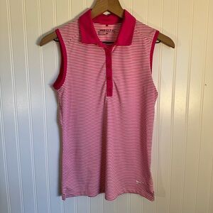 Nike Golf Dri-Fit Womens Victory Stripe Sleeveless Pink & White Polo Shirt Small